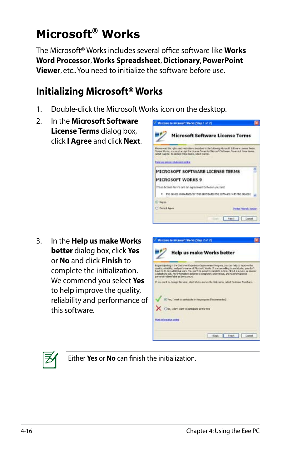 Microsoft, Works, Initializing microsoft® works | Asus Eee PC 900/XP User Manual | Page 54 / 92