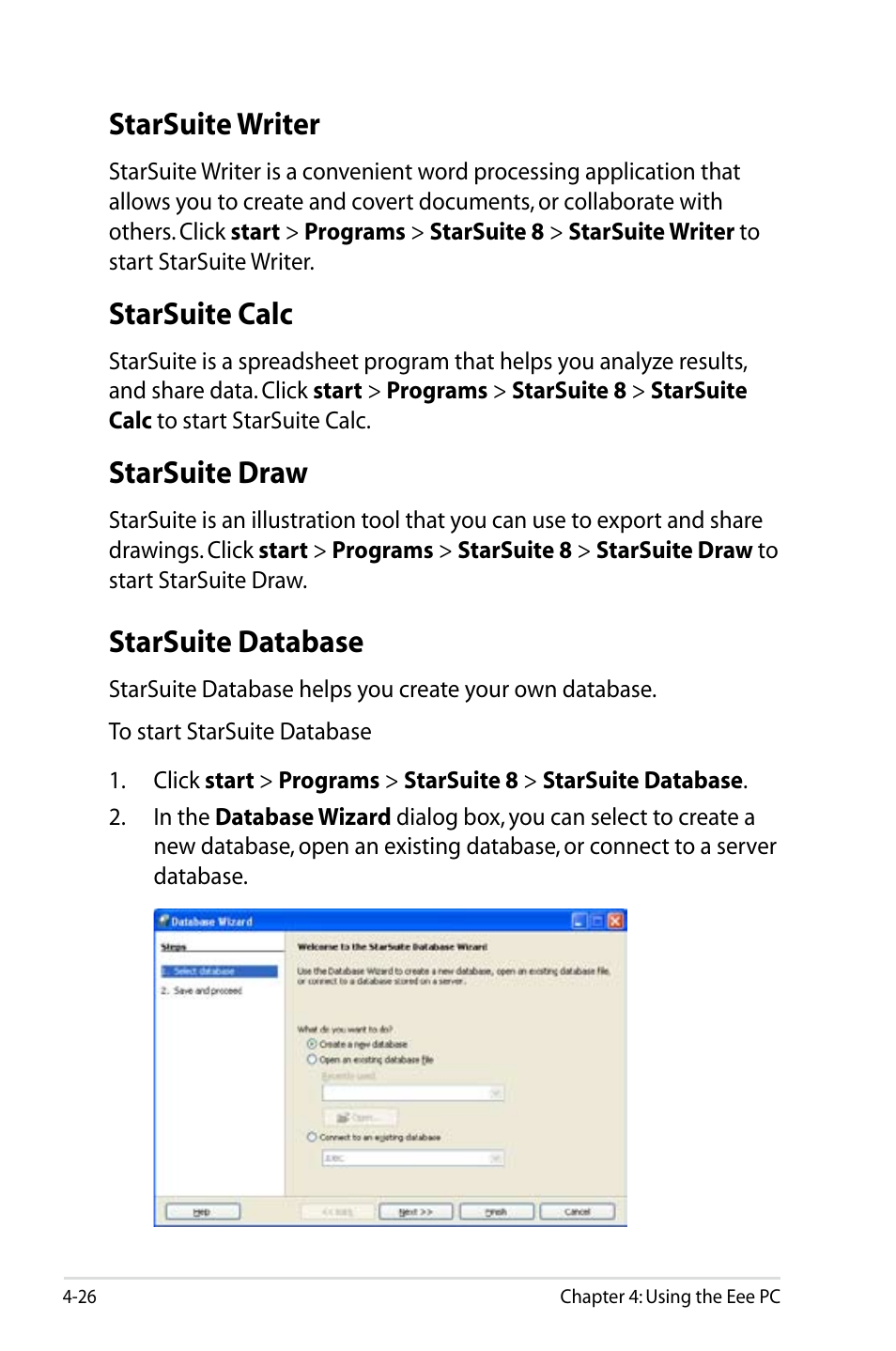 Starsuite writer, Starsuite calc, Starsuite draw | Starsuite database | Asus Eee PC 900/XP User Manual | Page 64 / 92