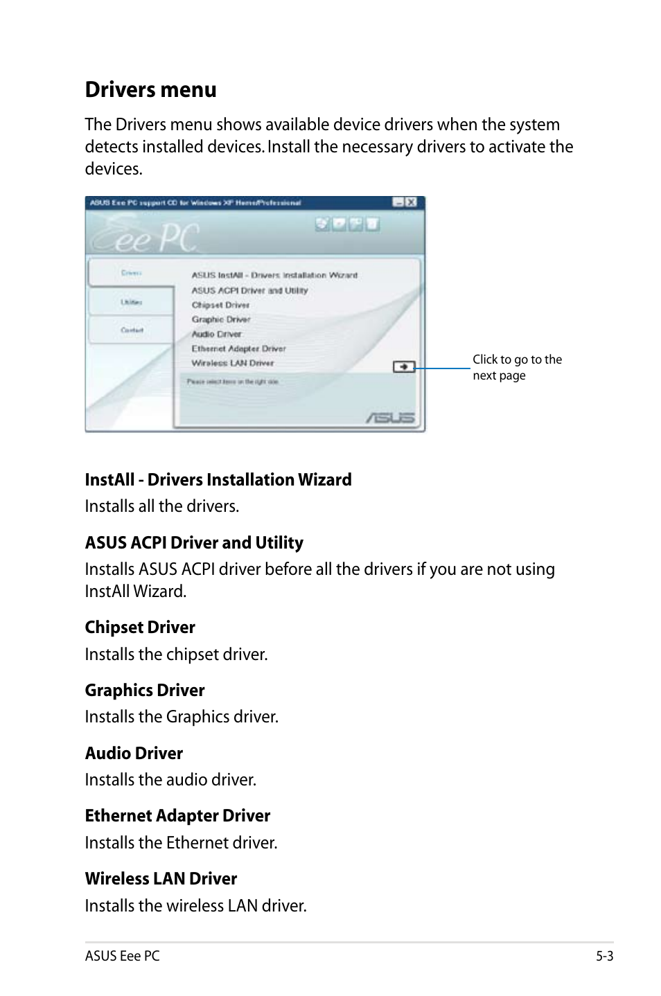 Drivers menu | Asus Eee PC 900/XP User Manual | Page 71 / 92