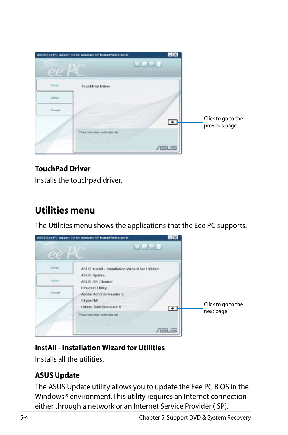 Utilities menu | Asus Eee PC 900/XP User Manual | Page 72 / 92