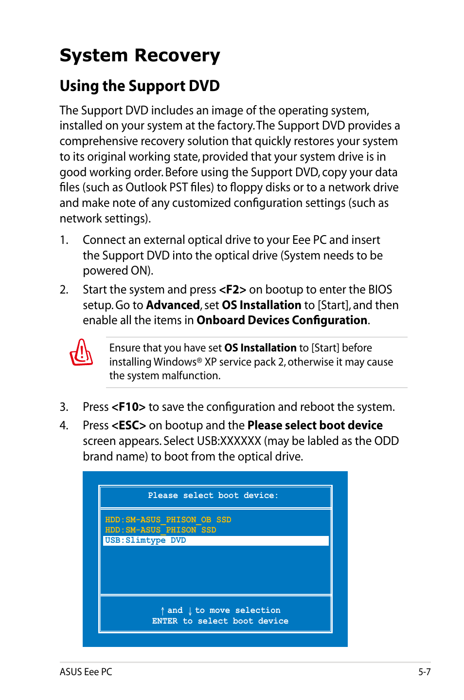 System recovery, Using the support dvd | Asus Eee PC 900/XP User Manual | Page 75 / 92