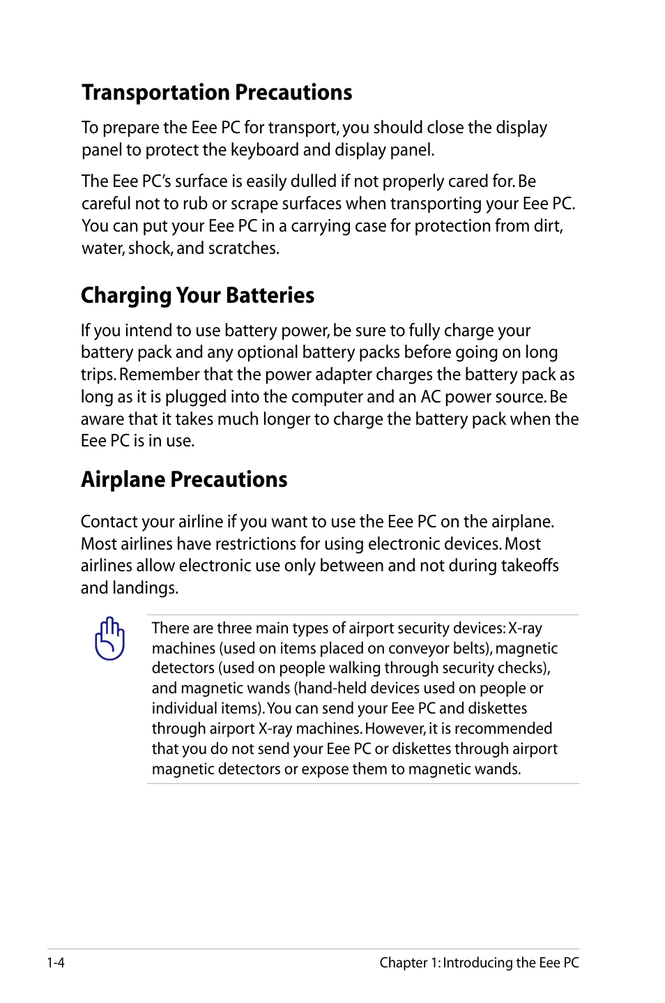 Transportation precautions, Charging your batteries, Airplane precautions | Asus Eee PC 900/XP User Manual | Page 8 / 92