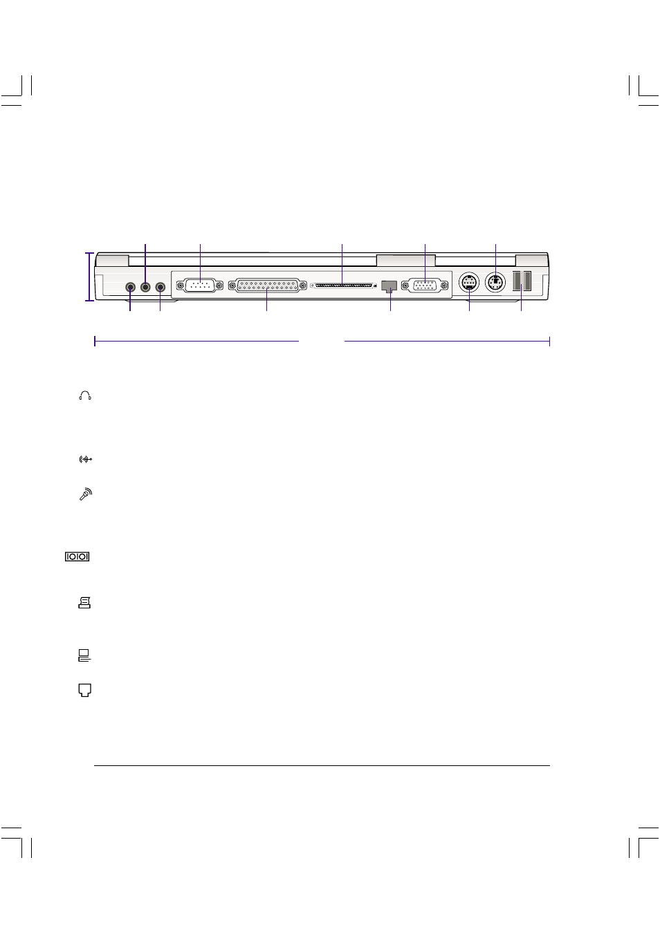 Cara posterior, 20 2. descripción de los elementos, Auriculares (conector) | Audio in (conector), Mic in (conector de micrófono), Puerto serie, Puerto paralelo, Puerto docking | Asus L84B User Manual | Page 20 / 94