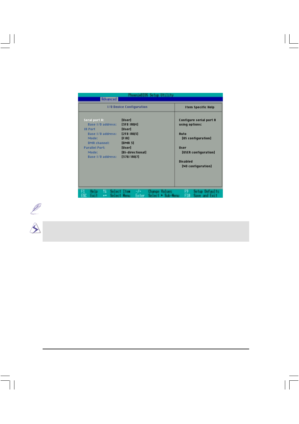 Configuración del dispositivo e/s, 70 5. configurar la bios, Serial port a: [user | Ir port: [user | Asus L84B User Manual | Page 70 / 94