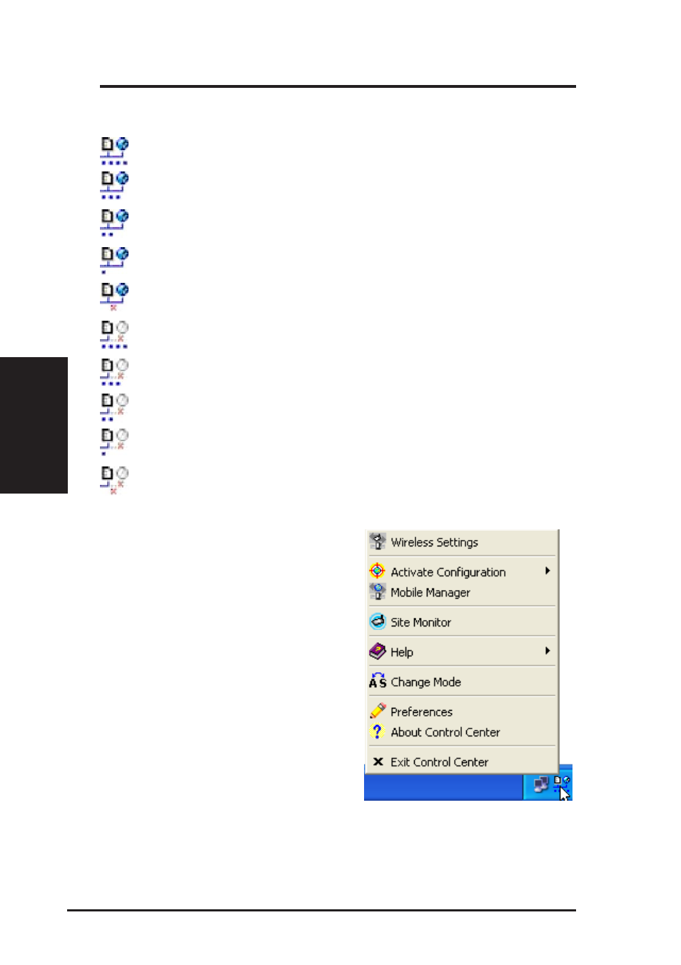 Chapter 3 - reference, Taskbar icon - right menu, Wireless status icons (on the taskbar) | Asus WL-107 User Manual | Page 20 / 72