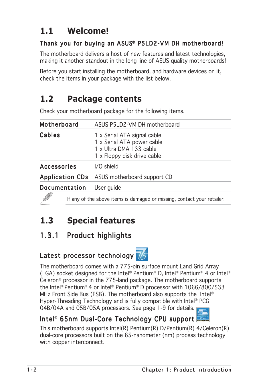 1 welcome, 2 package contents, 3 special features | Asus P5LD2-VM DH User Manual | Page 14 / 96