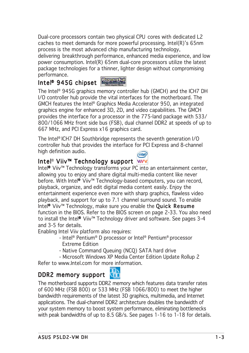 Intel, 945g chipset, Viiv™ technology support | Asus P5LD2-VM DH User Manual | Page 15 / 96