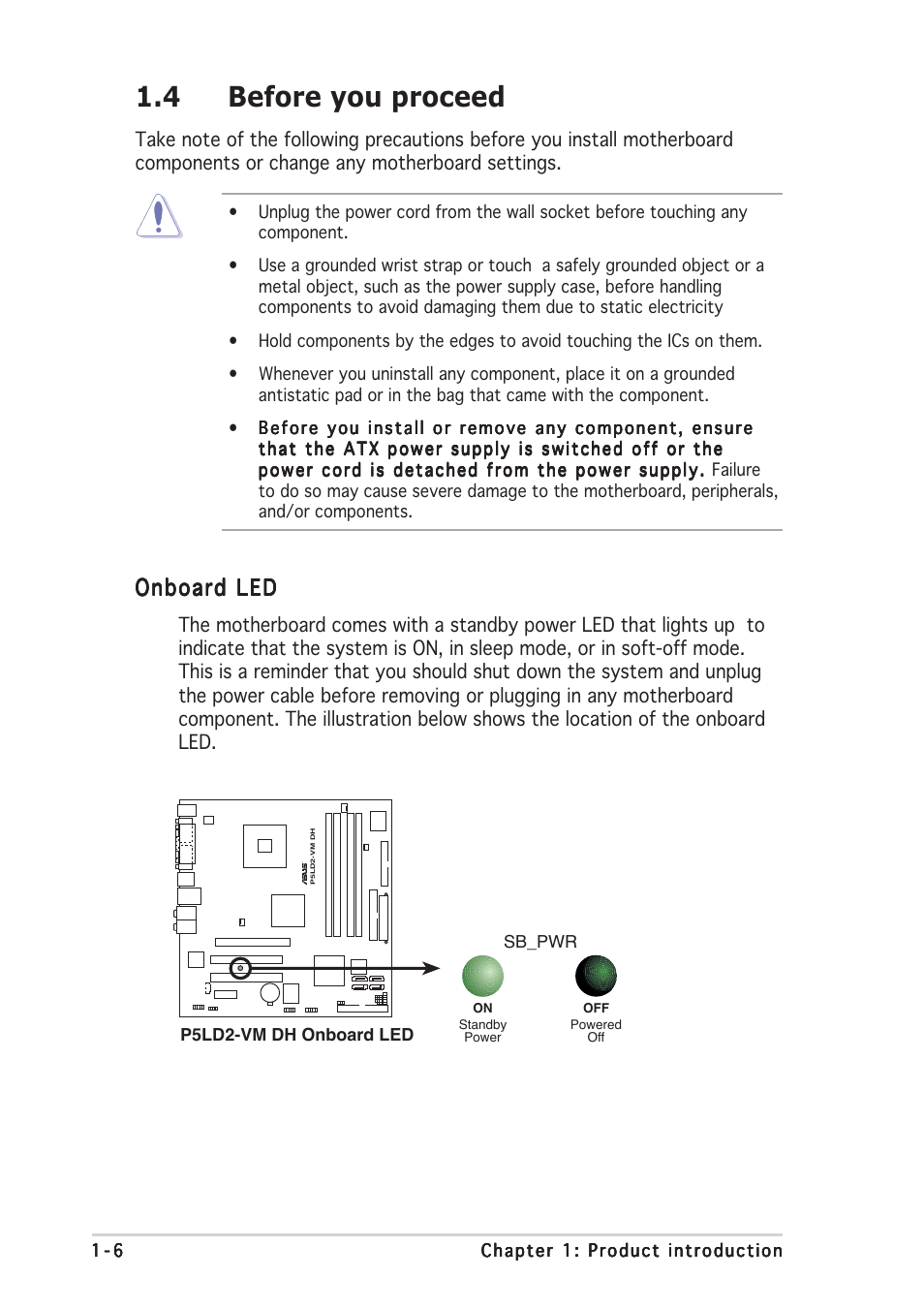 4 before you proceed, Onboard led | Asus P5LD2-VM DH User Manual | Page 18 / 96