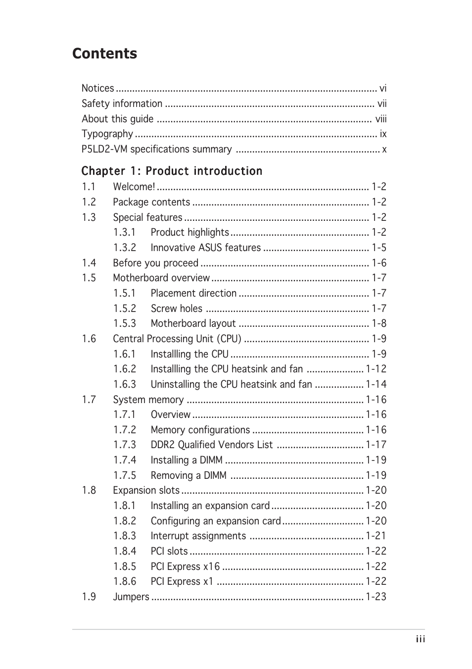 Asus P5LD2-VM DH User Manual | Page 3 / 96