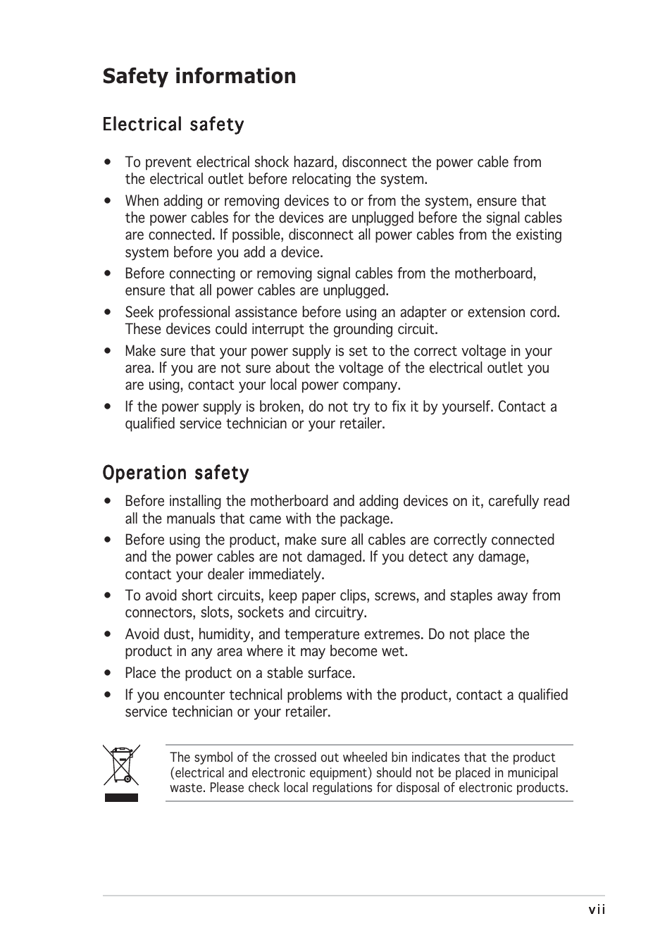 Safety information | Asus P5LD2-VM DH User Manual | Page 7 / 96