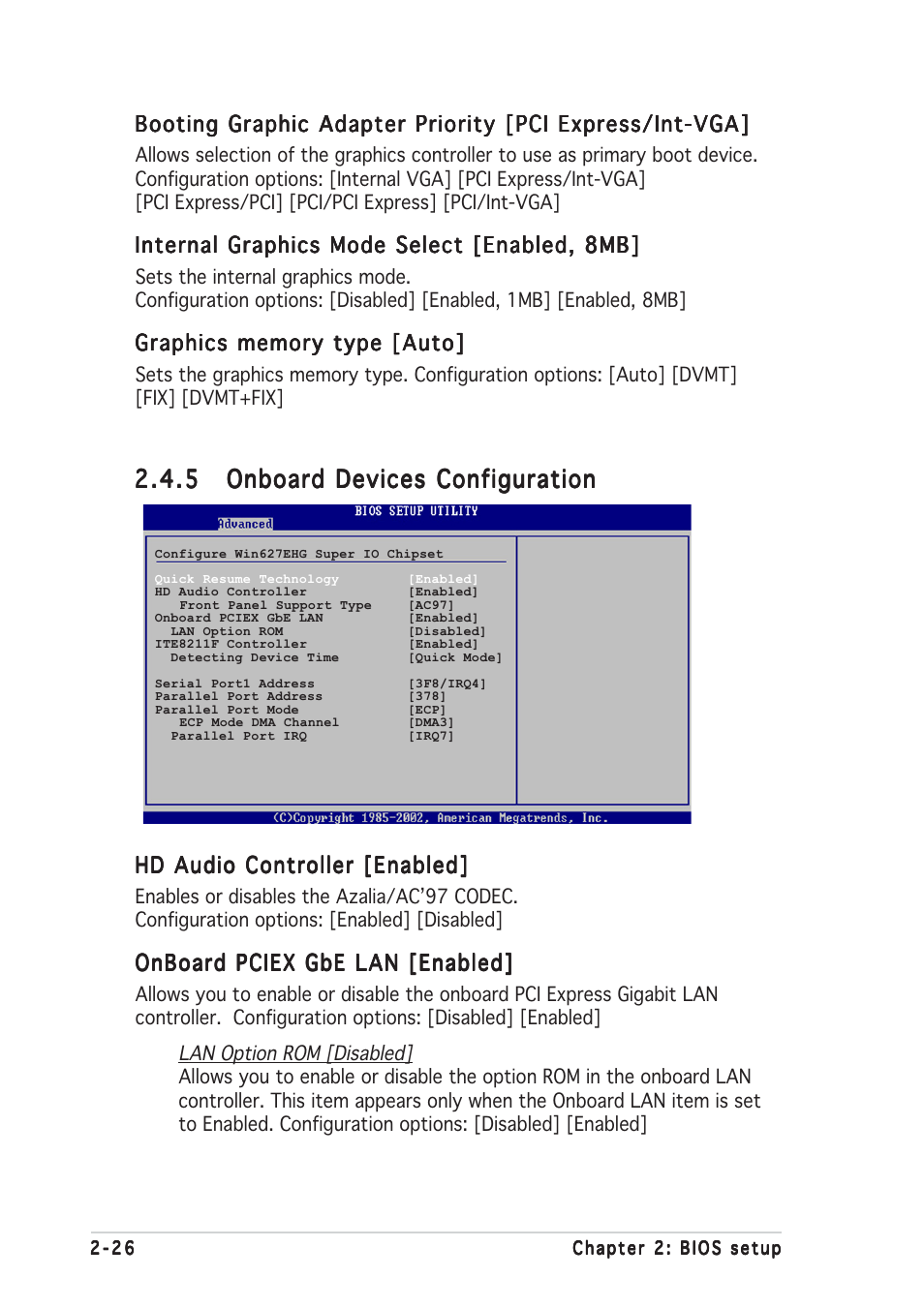 Internal graphics mode select [enabled, 8mb, Hd audio controller [enabled, Onboard pciex gbe lan [enabled | Asus P5LD2-VM DH User Manual | Page 72 / 96