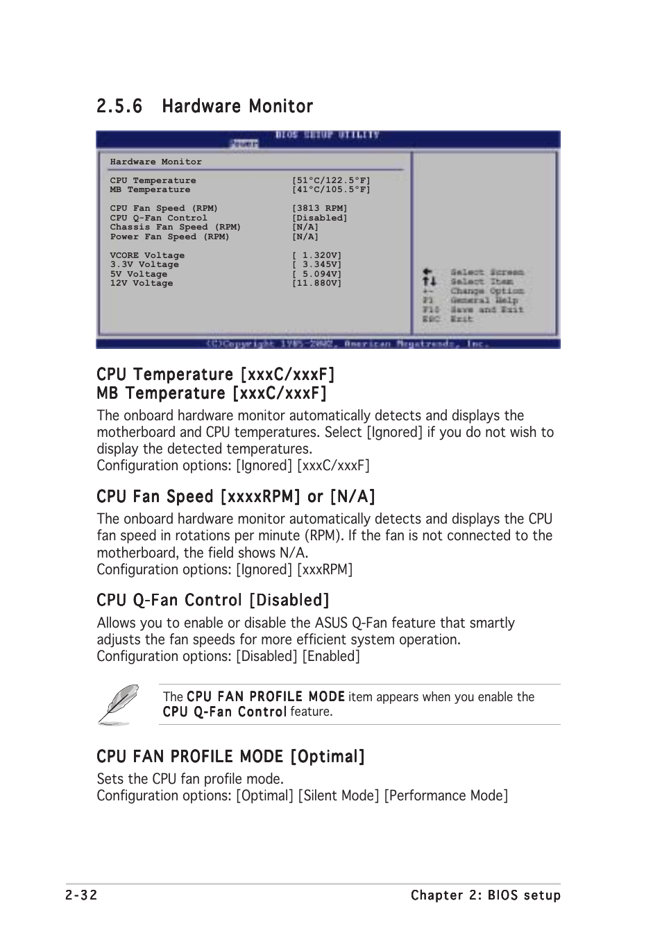 Cpu temperature [xxxc/xxxf, Cpu q-fan control [disabled, Cpu fan profile mode [optimal | Asus P5LD2-VM DH User Manual | Page 78 / 96