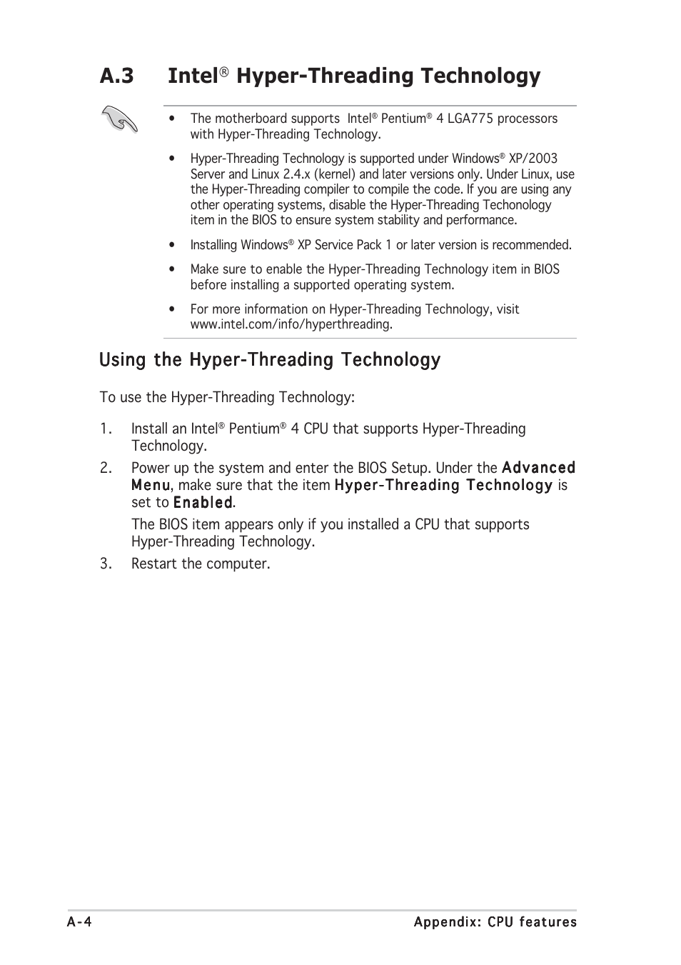 A.3 intel, Hyper-threading technology, Using the hyper-threading technology | Asus P5LD2-VM DH User Manual | Page 96 / 96