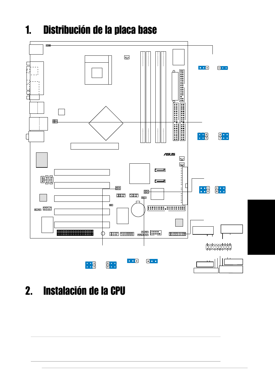 Instalación de la cpu, Distribución de la placa base, Espa ñ ol | Placa base asus p4p800 deluxe, Intel ich5r, Pci1, Pci2 pci3 pci4 pci5, Panel1 | Asus P4P800 Deluxe User Manual | Page 11 / 16