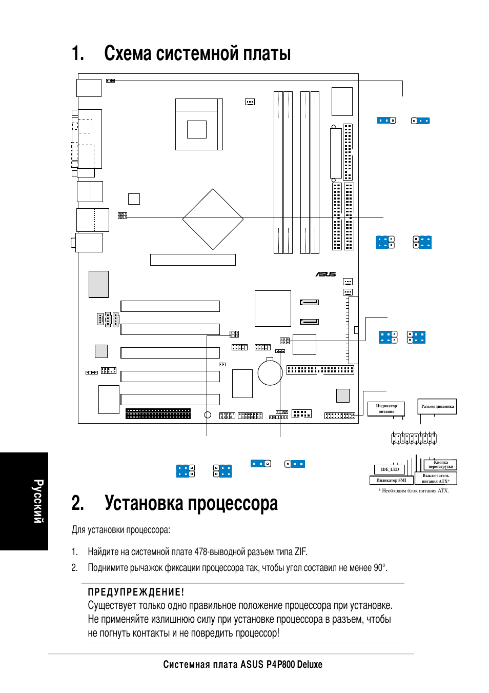 Установка процессора, Хема системной платы, У сский | Истемная плата asus p4p800 deluxe, Intel ich5r, Pci1, Pci2 pci3 pci4 pci5, Panel1 | Asus P4P800 Deluxe User Manual | Page 14 / 16