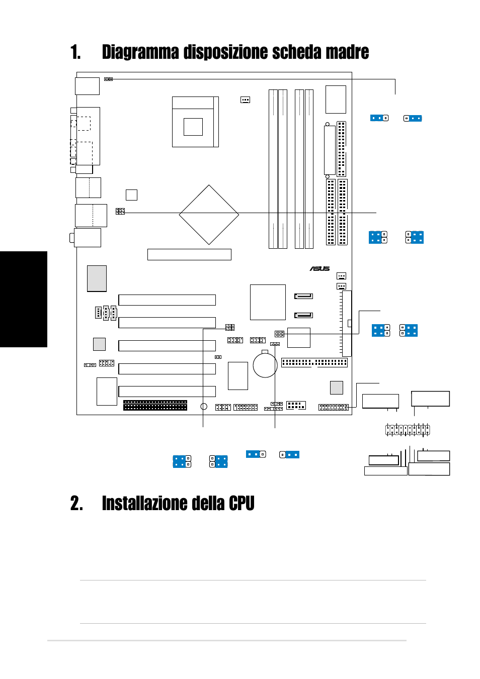 Installazione della cpu, Diagramma disposizione scheda madre, Italiano | Scheda madre asus p4p800 deluxe, Intel ich5r, Pci1, Pci2 pci3 pci4 pci5, Panel1 | Asus P4P800 Deluxe User Manual | Page 8 / 16