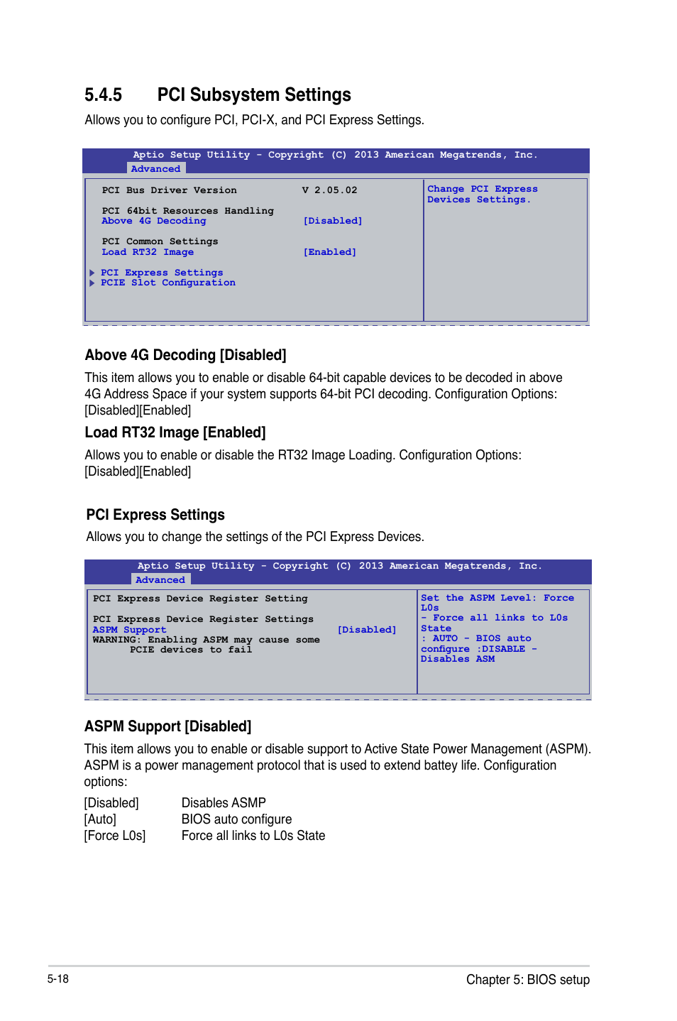 5 pci subsystem settings, 5 pci subsystem settings -18, Above 4g decoding [disabled | Load rt32 image [enabled, Pci express settings, Aspm support [disabled | Asus TS300-E8-RS4-C User Manual | Page 100 / 170