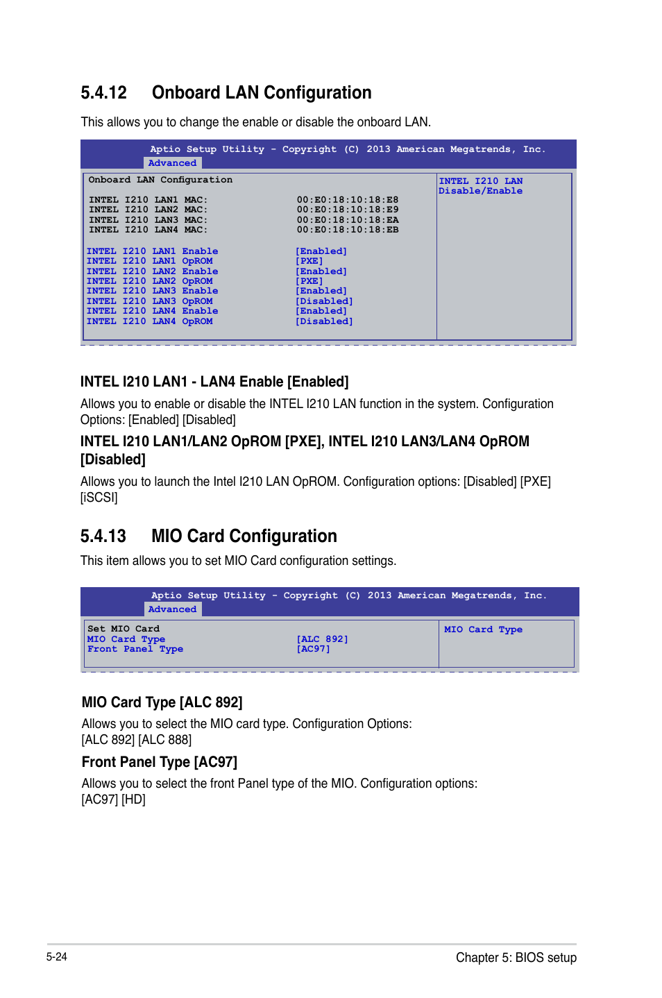 12 onboard lan configuration, 13 mio card configuration, Mio card type [alc 892 | Front panel type [ac97 | Asus TS300-E8-RS4-C User Manual | Page 106 / 170