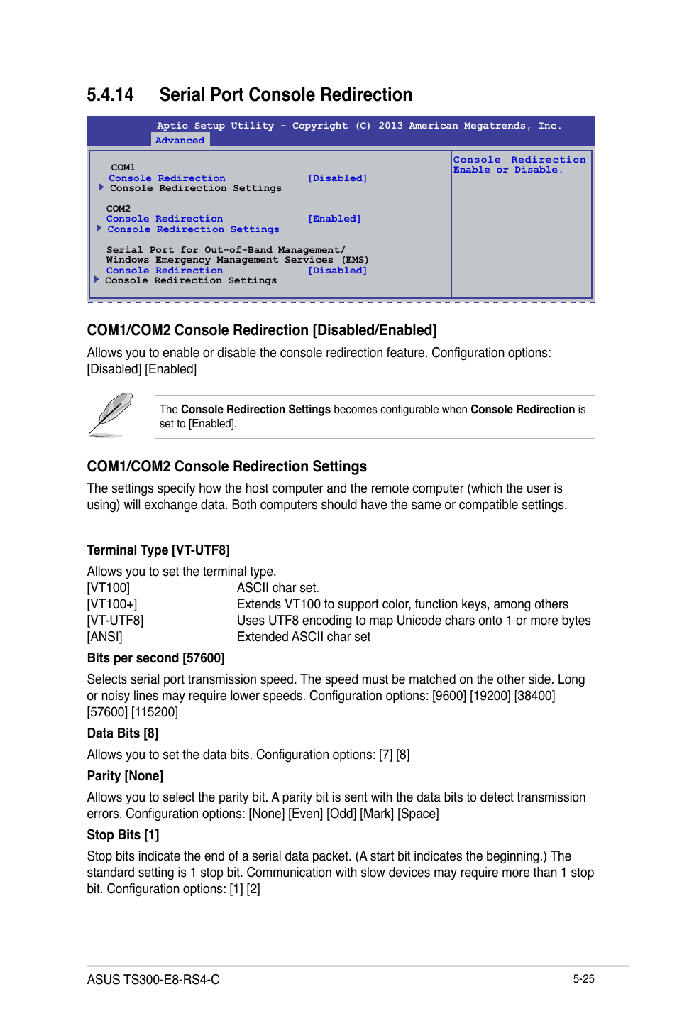 14 serial port console redirection, 14 serial port console redirection -25, Com1/com2 console redirection [disabled/enabled | Com1/com2 console redirection settings | Asus TS300-E8-RS4-C User Manual | Page 107 / 170