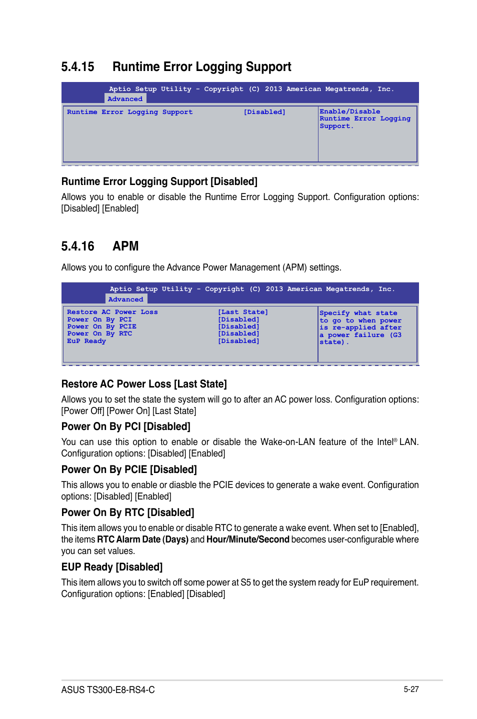 15 runtime error logging support, 16 apm, Restore ac power loss [last state | Power on by pci [disabled, Power on by pcie [disabled, Power on by rtc [disabled, Eup ready [disabled, Runtime error logging support [disabled | Asus TS300-E8-RS4-C User Manual | Page 109 / 170