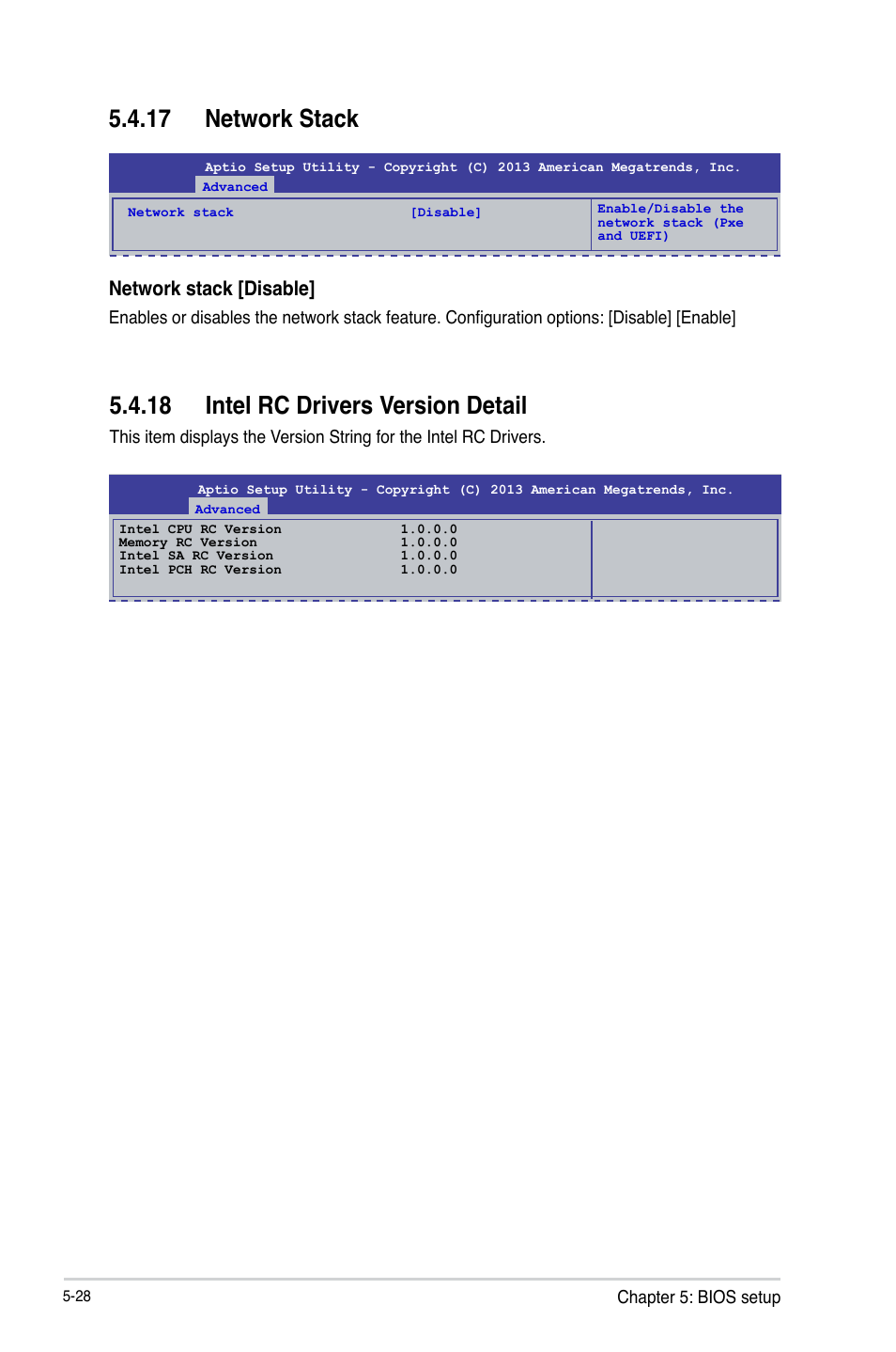 17 network stack, 18 intel rc drivers version detail, Network stack [disable | Asus TS300-E8-RS4-C User Manual | Page 110 / 170