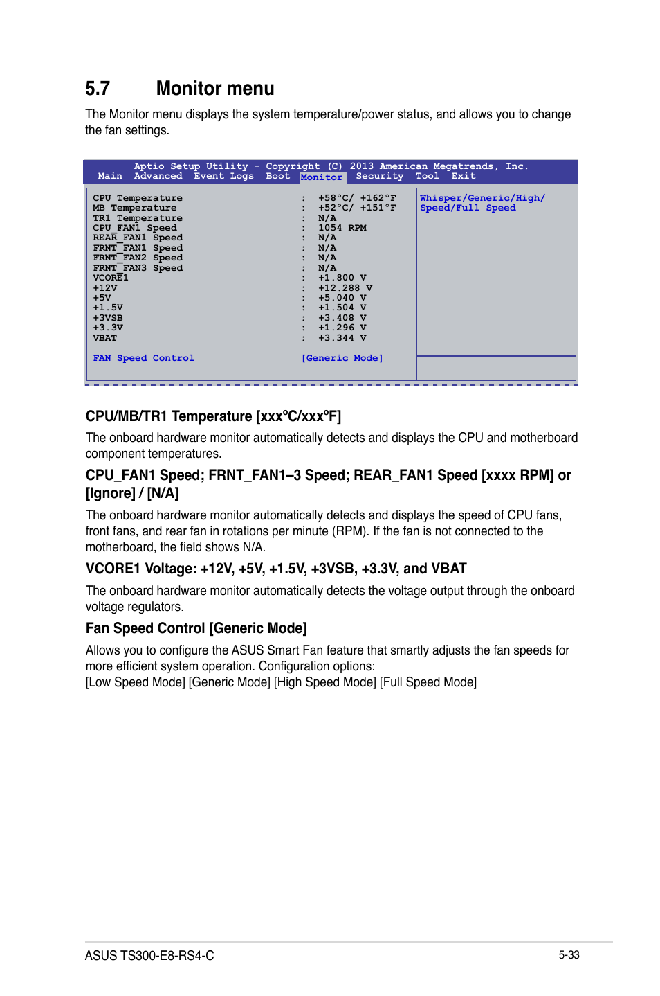 7 monitor menu, Monitor menu -33, Cpu/mb/tr1 temperature [xxxºc/xxxºf | Fan speed control [generic mode | Asus TS300-E8-RS4-C User Manual | Page 115 / 170