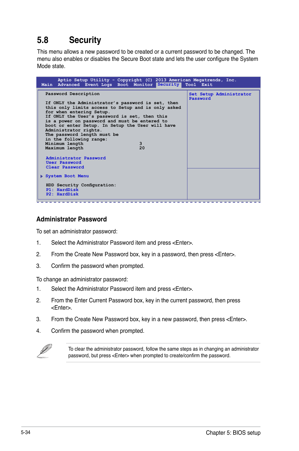 8 security, Security -34, Administrator password | Asus TS300-E8-RS4-C User Manual | Page 116 / 170