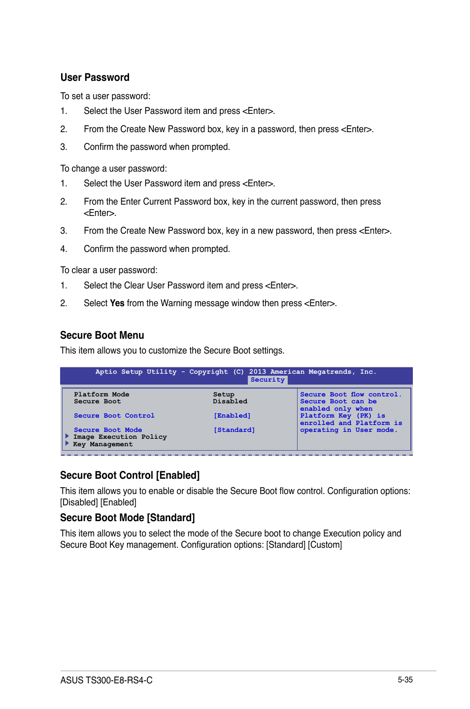 User password, Secure boot menu, Secure boot control [enabled | Secure boot mode [standard | Asus TS300-E8-RS4-C User Manual | Page 117 / 170