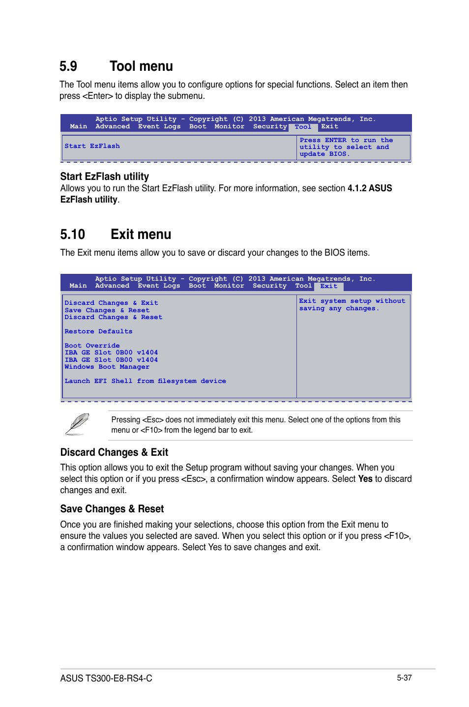 9 tool menu, 10 exit menu, Tool menu -37 | 10 exit menu -37, Discard changes & exit, Save changes & reset, Start ezflash utility | Asus TS300-E8-RS4-C User Manual | Page 119 / 170