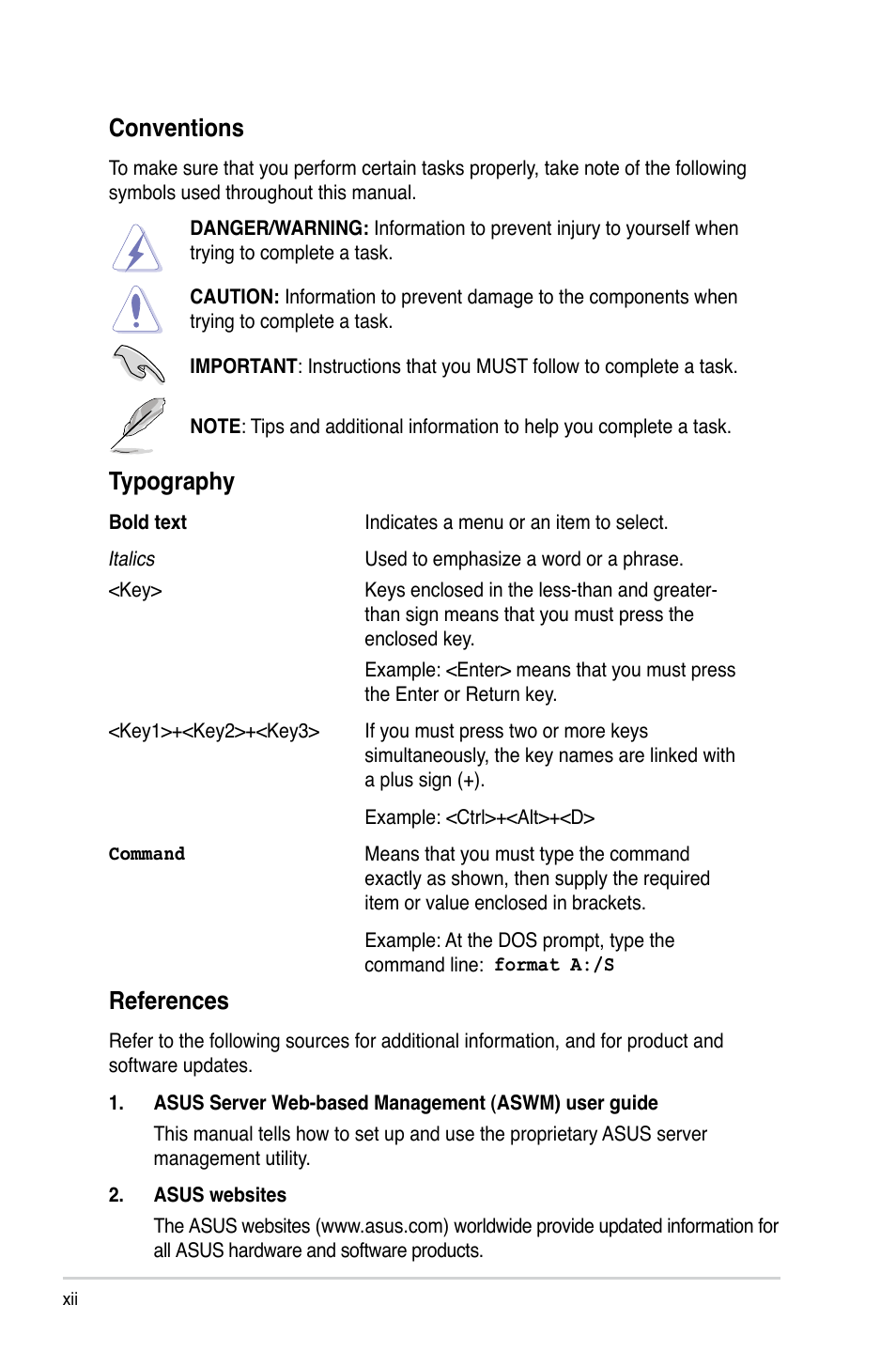 Conventions, Typography, References | Asus TS300-E8-RS4-C User Manual | Page 12 / 170