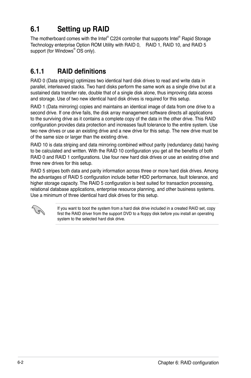 1 setting up raid, 1 raid definitions, Setting up raid -2 6.1.1 | Raid definitions -2 | Asus TS300-E8-RS4-C User Manual | Page 122 / 170