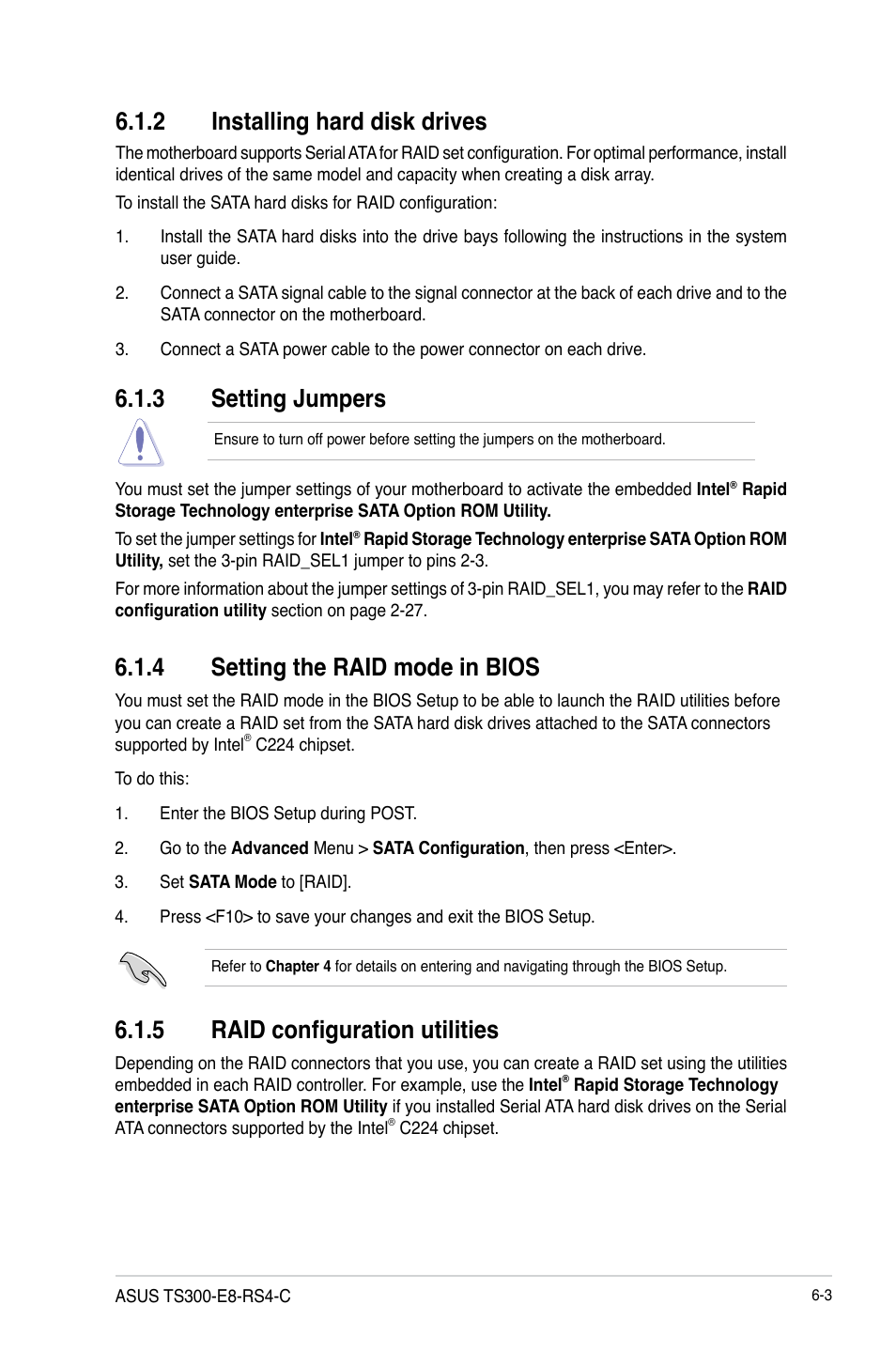 2 installing hard disk drives, 3 setting jumpers, 4 setting the raid mode in bios | 5 raid configuration utilities, Installing hard disk drives -3, Setting jumpers -3, Setting the raid mode in bios -3, Raid configuration utilities -3 | Asus TS300-E8-RS4-C User Manual | Page 123 / 170