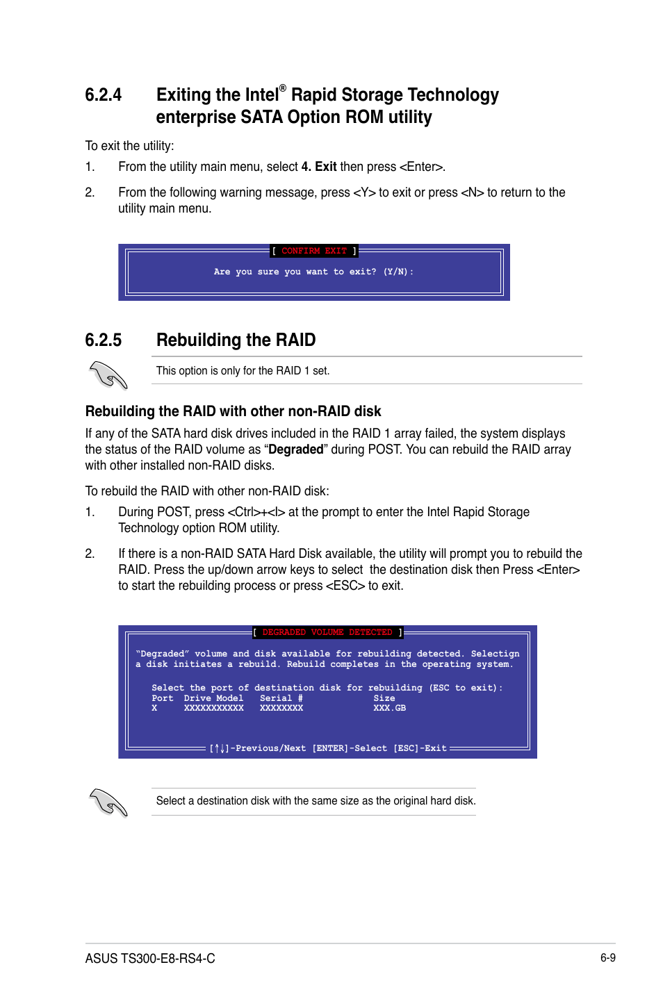 5 rebuilding the raid, Exiting the intel, Rapid storage technology enterprise | Sata option rom utility -9, Rebuilding the raid -9, 4 exiting the intel | Asus TS300-E8-RS4-C User Manual | Page 129 / 170