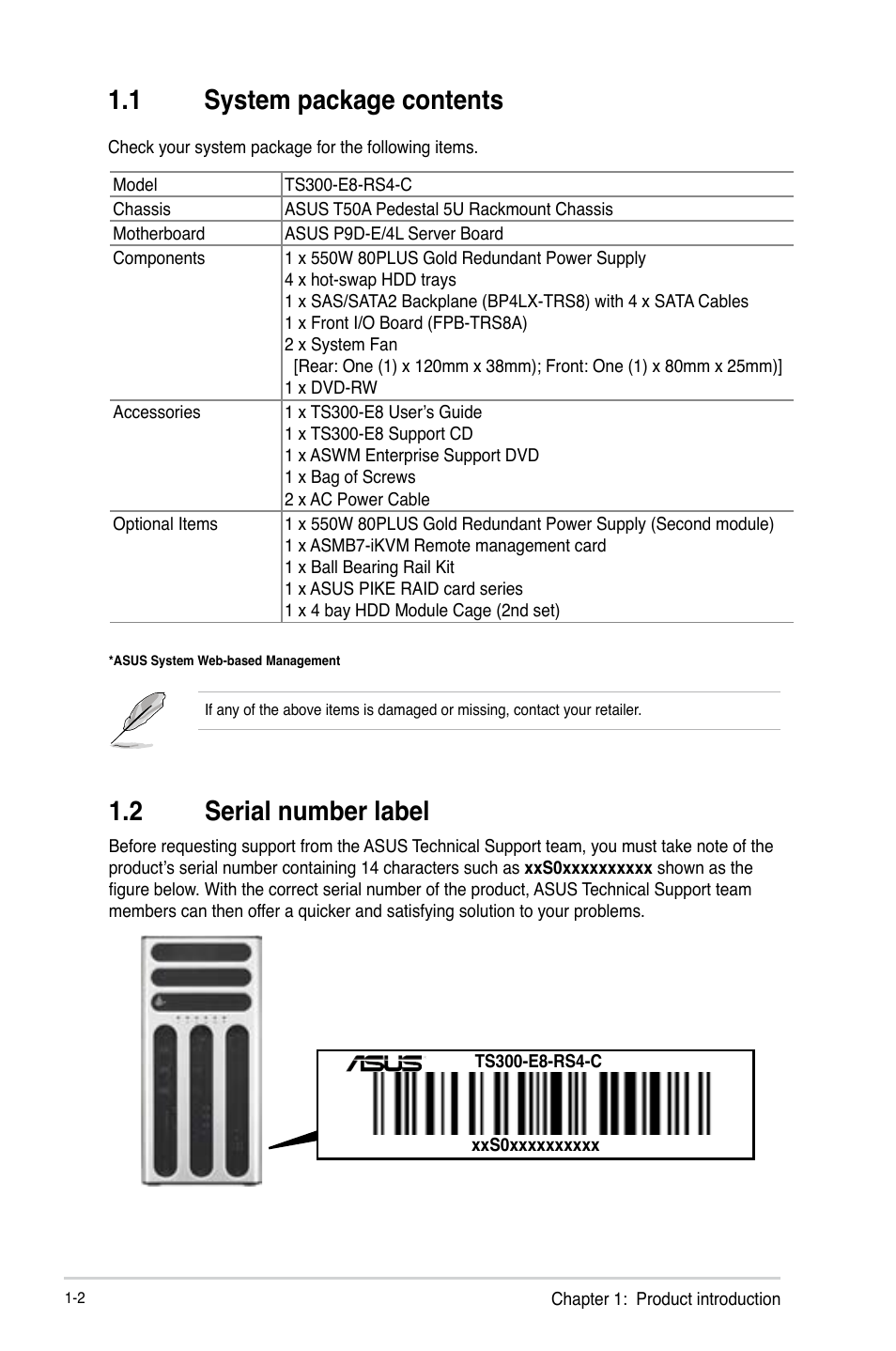 2 serial number label, 1 system package contents, System package contents -2 | Serial number label -2 | Asus TS300-E8-RS4-C User Manual | Page 14 / 170