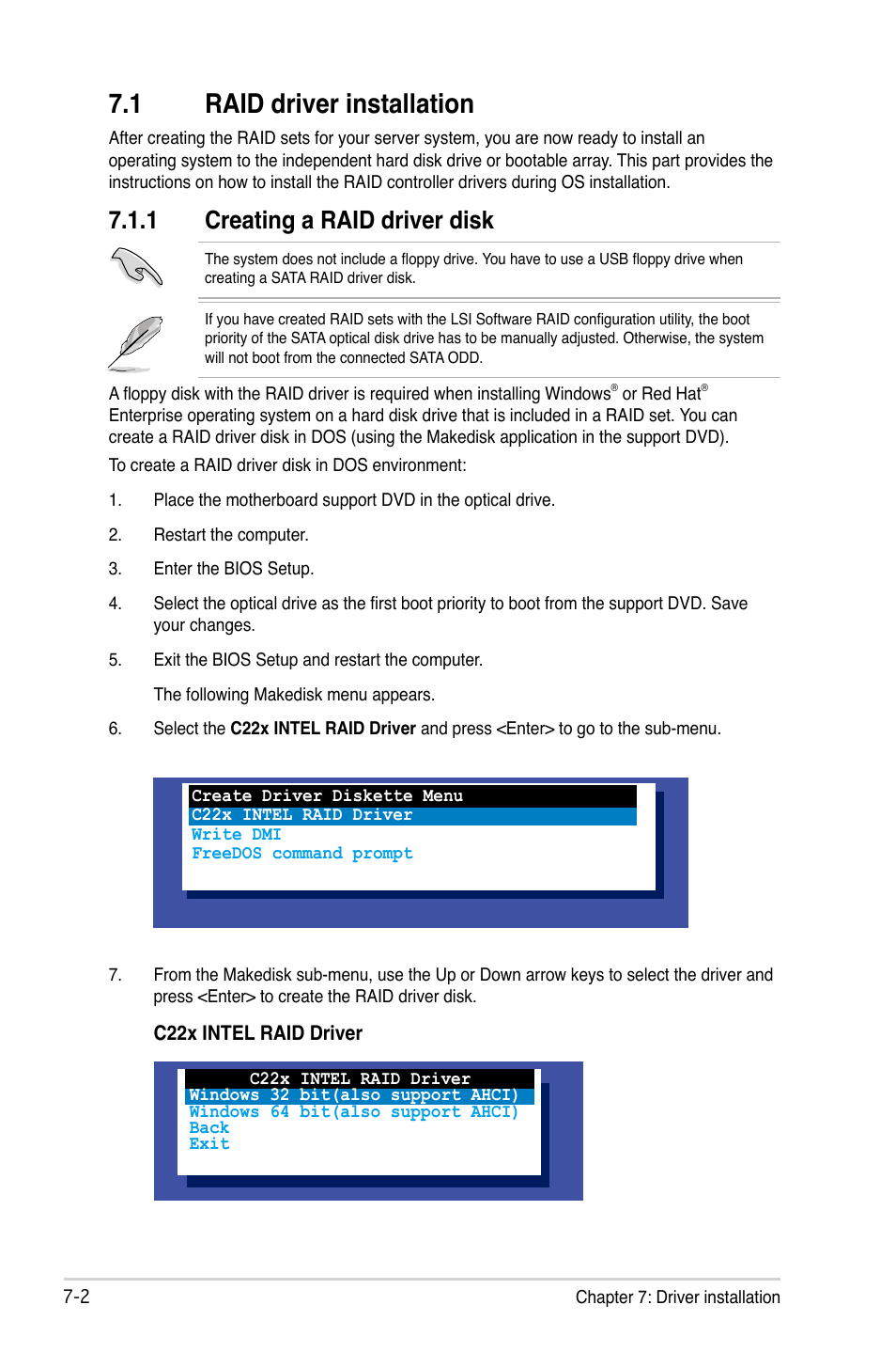 1 raid driver installation, 1 creating a raid driver disk, Raid driver installation -2 7.1.1 | Creating a raid driver disk -2 | Asus TS300-E8-RS4-C User Manual | Page 140 / 170