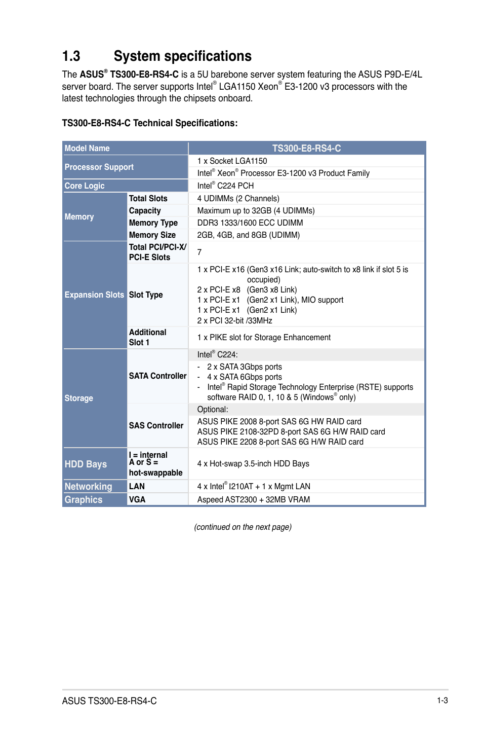 3 system specifications, System specifications -3 | Asus TS300-E8-RS4-C User Manual | Page 15 / 170