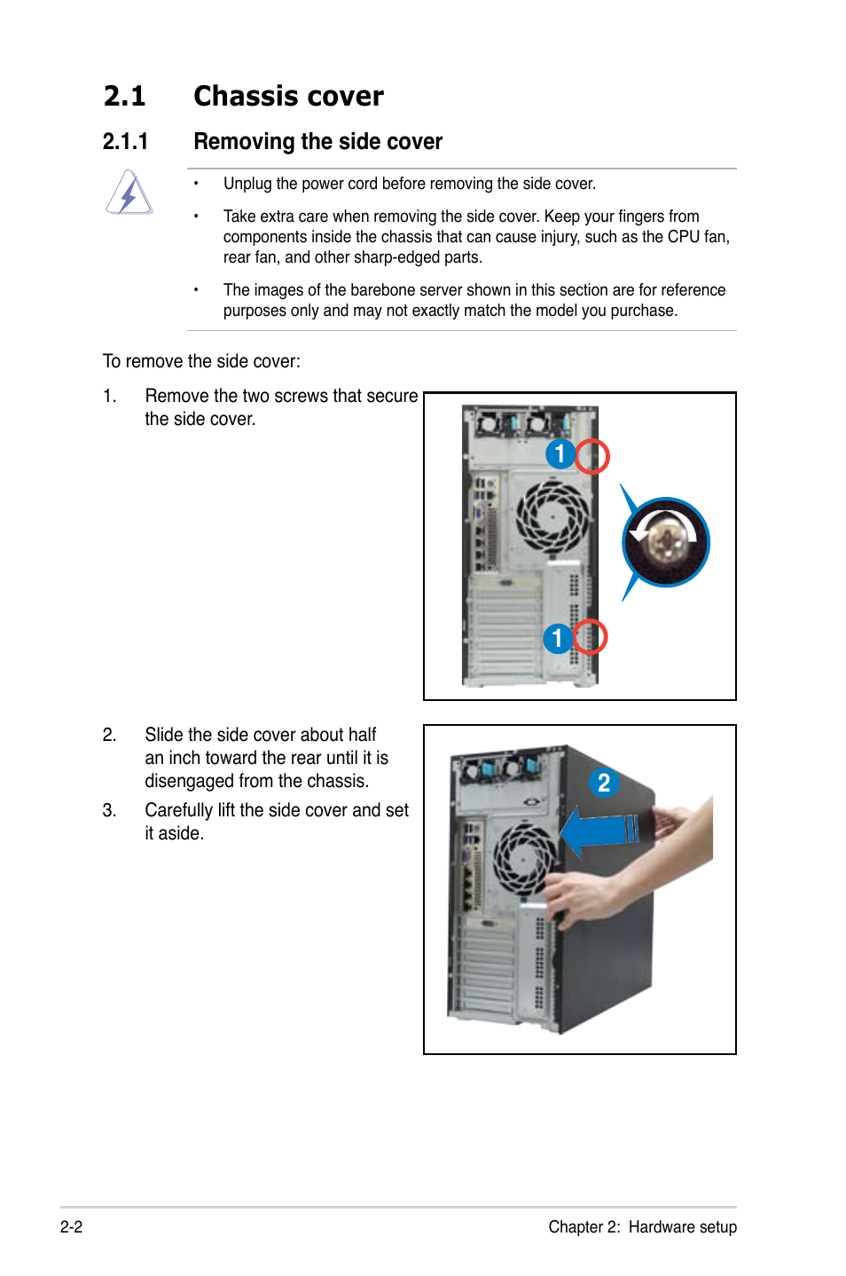 1 chassis cover, 1 removing the side cover, Chassis cover -2 2.1.1 | Removing the side cover -2 | Asus TS300-E8-RS4-C User Manual | Page 24 / 170