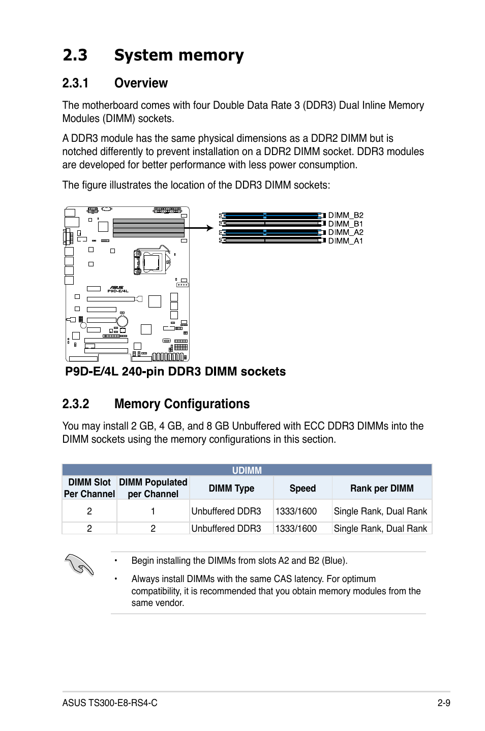 3 system memory, 1 overview, 2 memory configurations | System memory -9 2.3.1, Overview -9, Memory configurations -9 | Asus TS300-E8-RS4-C User Manual | Page 31 / 170