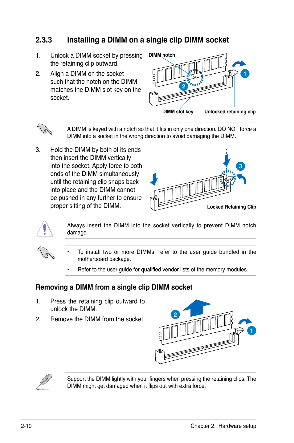 3 installing a dimm on a single clip dimm socket, Installing a dimm on a single clip dimm socket -10, Removing a dimm from a single clip dimm socket | Asus TS300-E8-RS4-C User Manual | Page 32 / 170