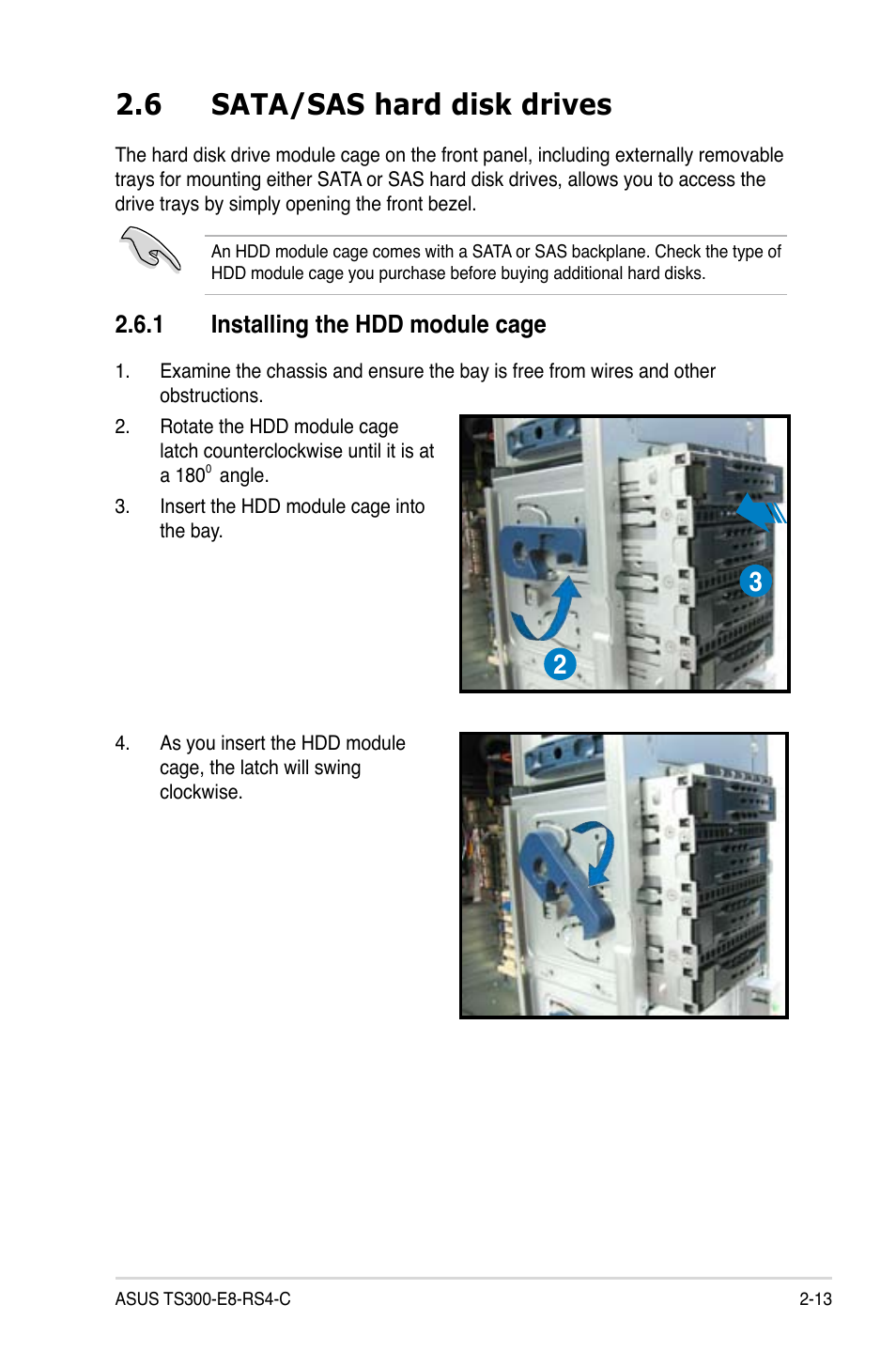 6 sata/sas hard disk drives, 1 installing the hdd module cage, Sata/sas hard disk drives -13 2.6.1 | Installing the hdd module cage -13 | Asus TS300-E8-RS4-C User Manual | Page 35 / 170
