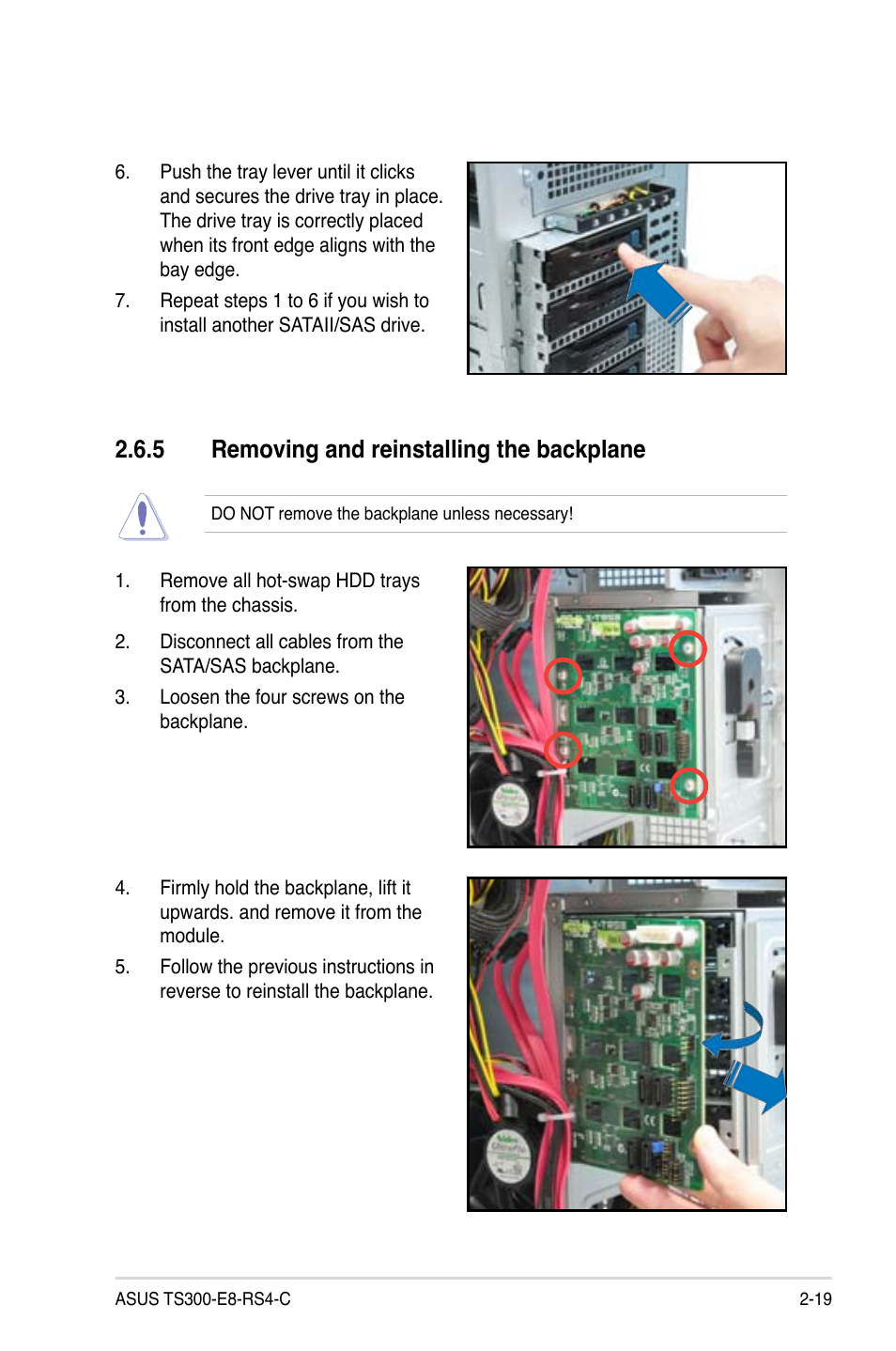 5 removing and reinstalling the backplane, Removing and reinstalling the backplane -19 | Asus TS300-E8-RS4-C User Manual | Page 41 / 170