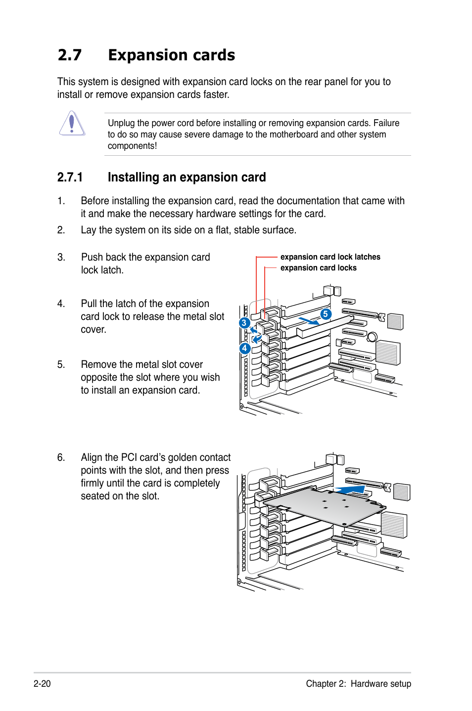 7 expansion cards, 1 installing an expansion card, Expansion cards -20 2.7.1 | Installing an expansion card -20 | Asus TS300-E8-RS4-C User Manual | Page 42 / 170