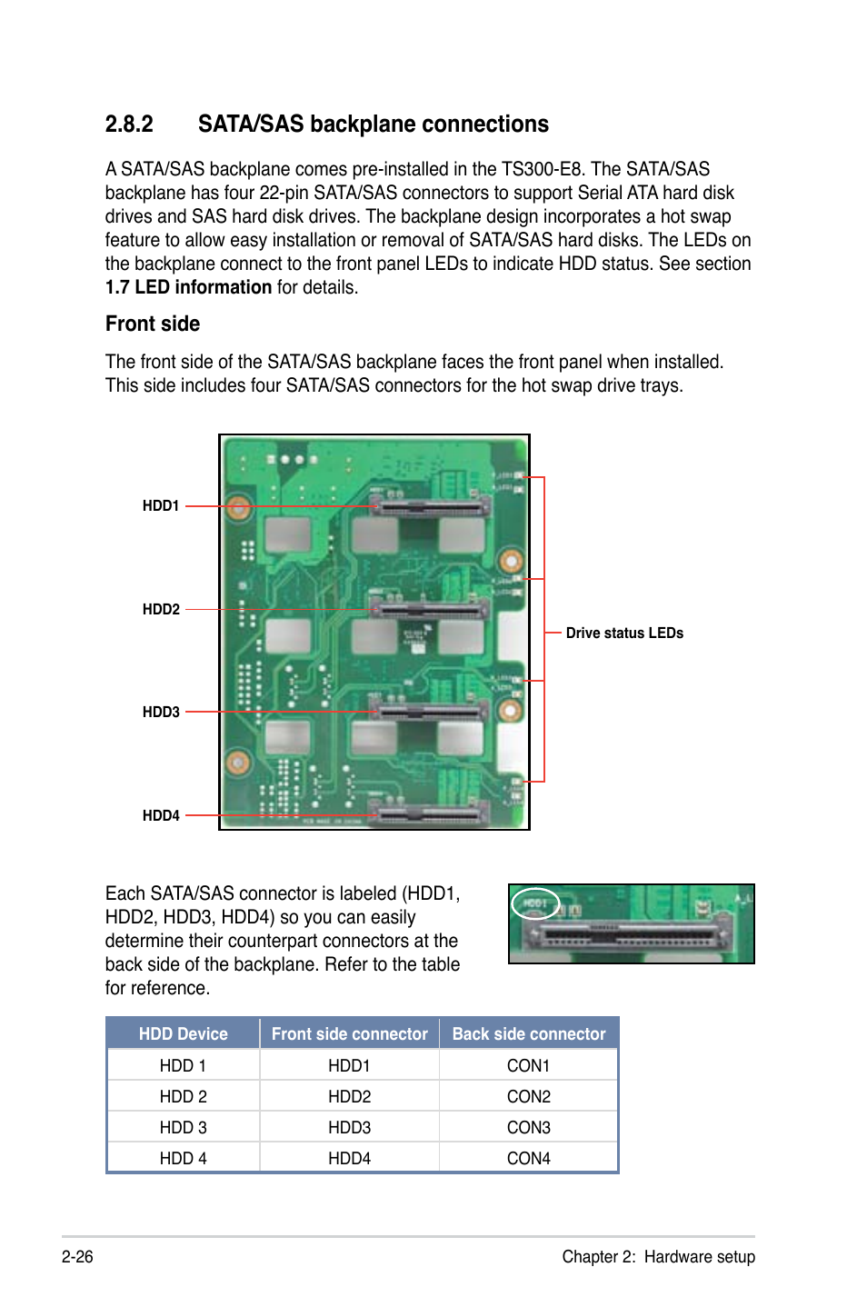 2 sata/sas backplane connections, Sata/sas backplane connections -26, Front side | Asus TS300-E8-RS4-C User Manual | Page 48 / 170