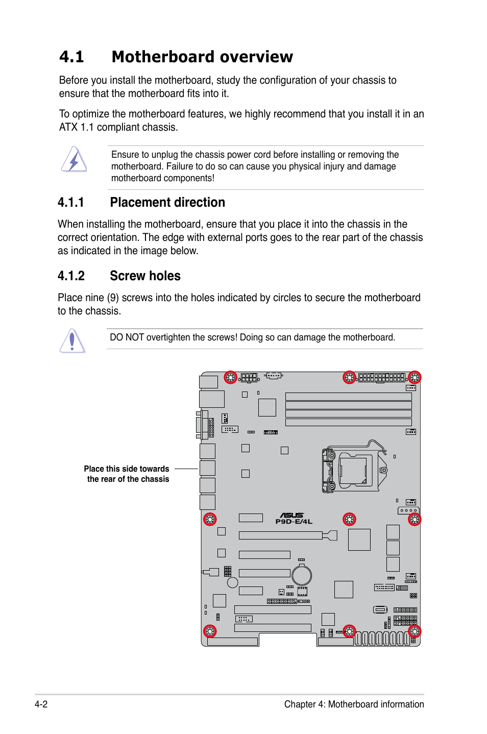 1 motherboard overview, 1 placement direction, 2 screw holes | Motherboard overview -2 4.1.1, Placement direction -2, Screw holes -2 | Asus TS300-E8-RS4-C User Manual | Page 58 / 170