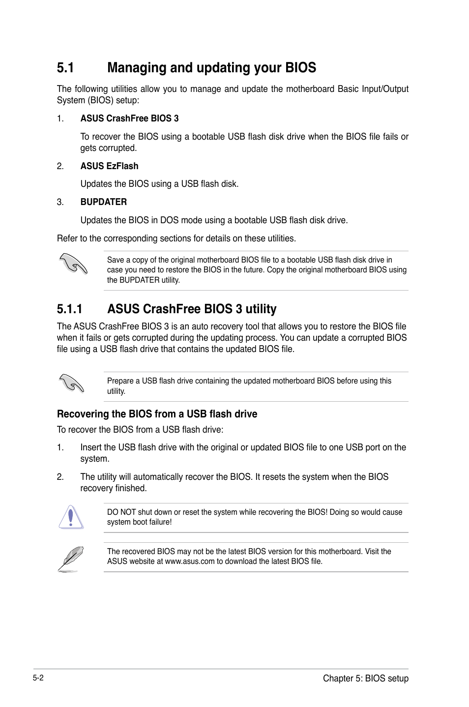 1 managing and updating your bios, 1 asus crashfree bios 3 utility, Managing and updating your bios -2 5.1.1 | Asus crashfree bios 3 utility -2 | Asus TS300-E8-RS4-C User Manual | Page 84 / 170