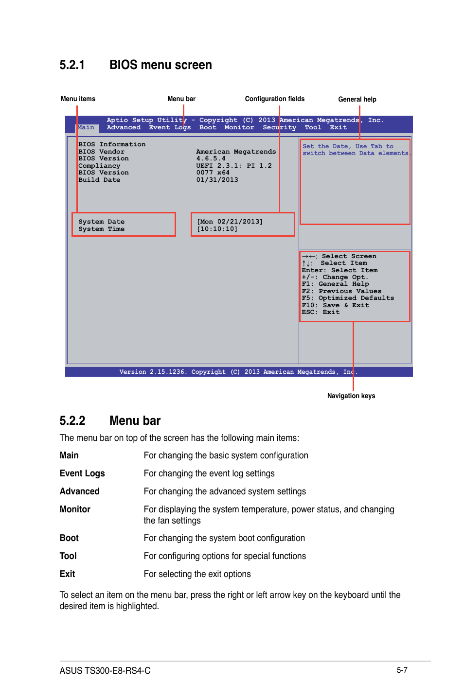 1 bios menu screen, 2 menu bar, Bios menu screen -7 | Menu bar -7 | Asus TS300-E8-RS4-C User Manual | Page 89 / 170