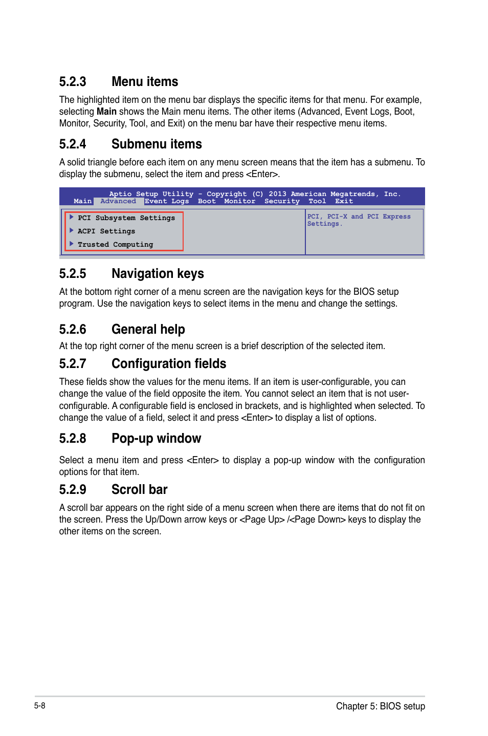 3 menu items, 4 submenu items, 5 navigation keys | 6 general help, 7 configuration fields, 8 pop-up window, 9 scroll bar, Menu items -8, Submenu items -8, Navigation keys -8 | Asus TS300-E8-RS4-C User Manual | Page 90 / 170
