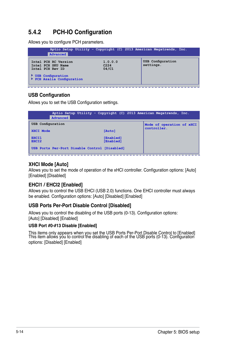 2 pch-io configuration, Pch-io configuration -14, Usb configuration | Xhci mode [auto, Ehci1 / ehci2 [enabled, Usb ports per-port disable control [disabled | Asus TS300-E8-RS4-C User Manual | Page 96 / 170