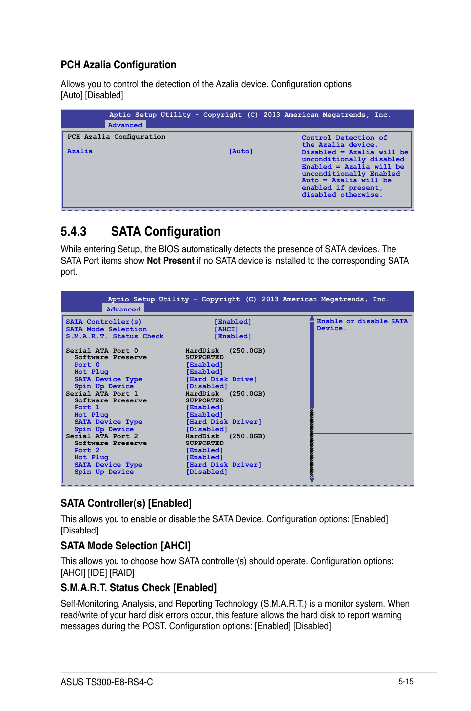 3 sata configuration, Sata configuration -15, Sata controller(s) [enabled | Sata mode selection [ahci, S.m.a.r.t. status check [enabled, Pch azalia configuration | Asus TS300-E8-RS4-C User Manual | Page 97 / 170