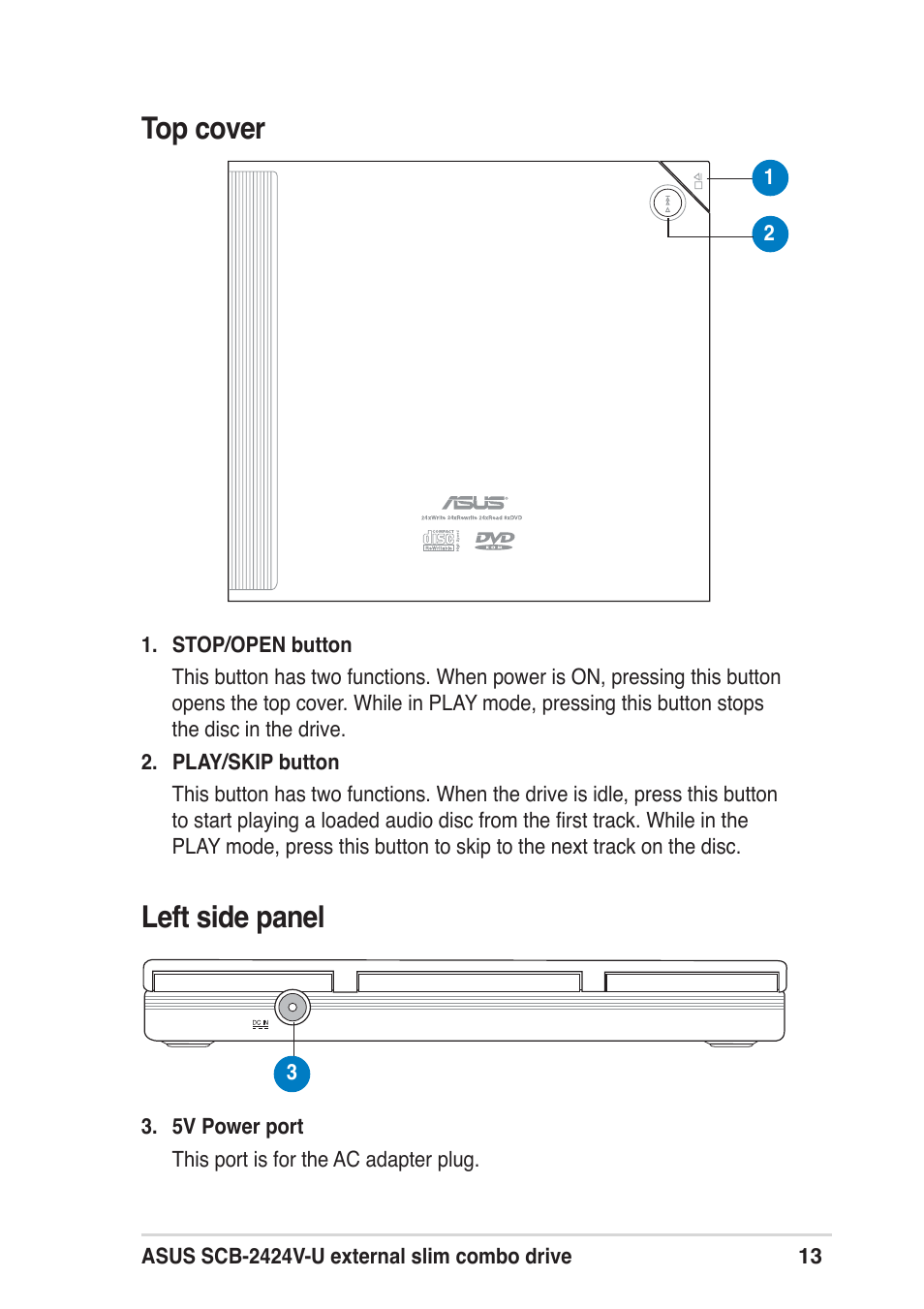 Top cover, Left side panel | Asus SCB-2424V-U User Manual | Page 13 / 28